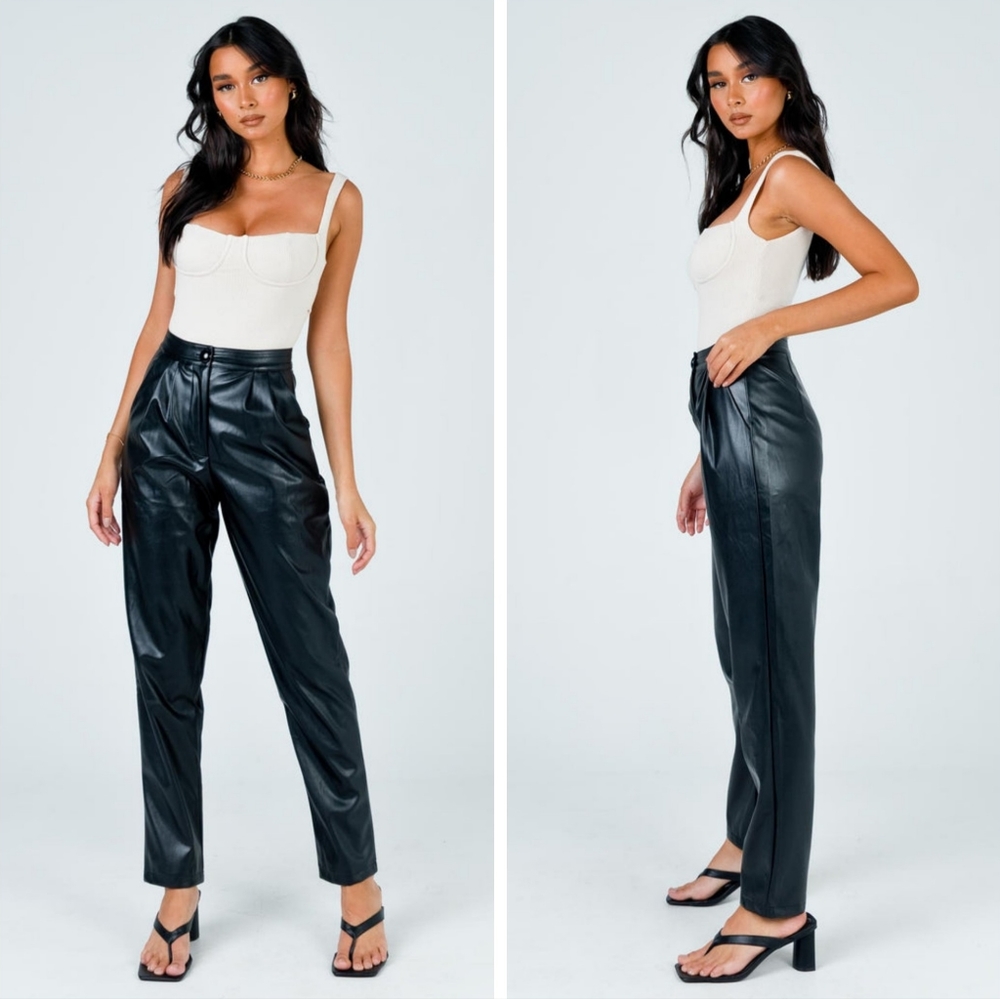 Princess Polly Love Club Faux Leather Straight Leg Pants Black 12 - Picture 2 of 11